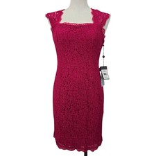 Adrianna Papell Deep Pink Lace Sheath Dress Keyhole Back Cocktail Party Sz 8 NWT