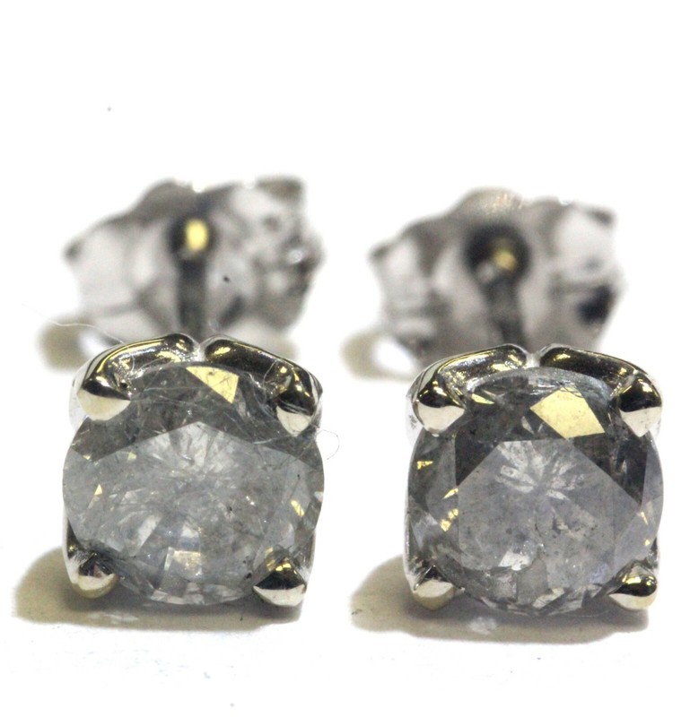 14k white gold 1.16ct I3 gray round diamond 4 prong art deco stud earrings