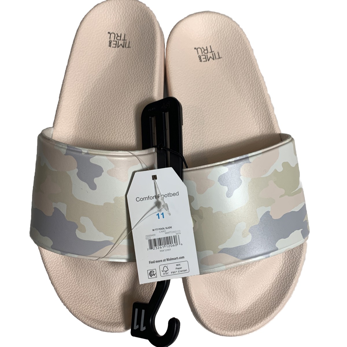 Time And Tru Women's Sz 11 Comfort Footbed Pool Camo Slide Sandals