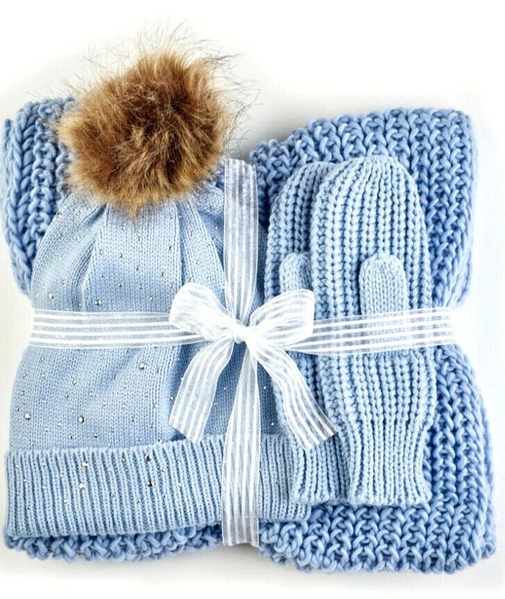 New Womens 3 Piece Diamante Hat Gloves & Scarf Set Ice Blue