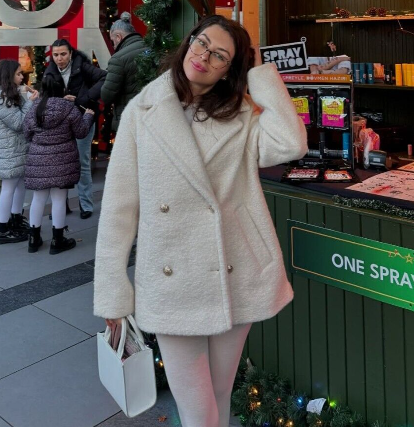 Zara Boucle Double Breasted Textured Coat Ecru White Cream Size XL