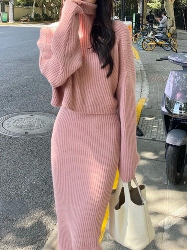 Women's Sweater Dress Two-piece Sets Elegant Knitted Long Skirt Pullover 2Piece - Foto 21 di 25