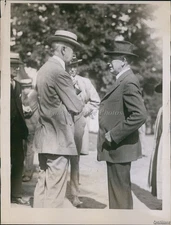 Vintage Two Older Men Talk Outside Other Men Background Ny 6X8 Vintage Photo