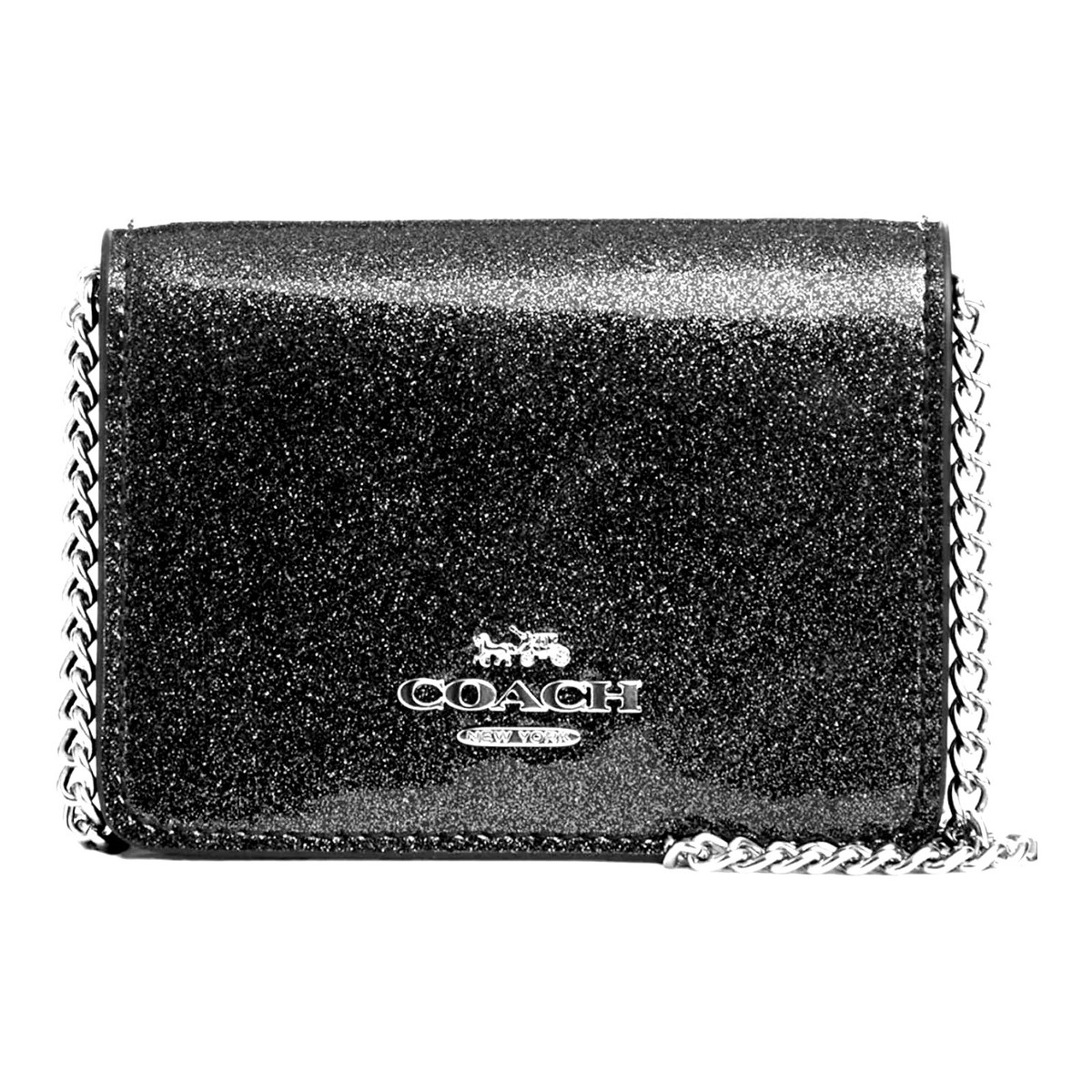 New Coach Mini Wallet On Chain Gunmetal Glitter Patent Leather