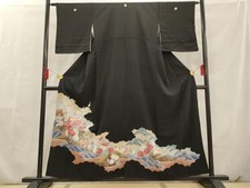 Heiwaya Kimono Luxurious black tomesode piece embroidery long-tailed bird and