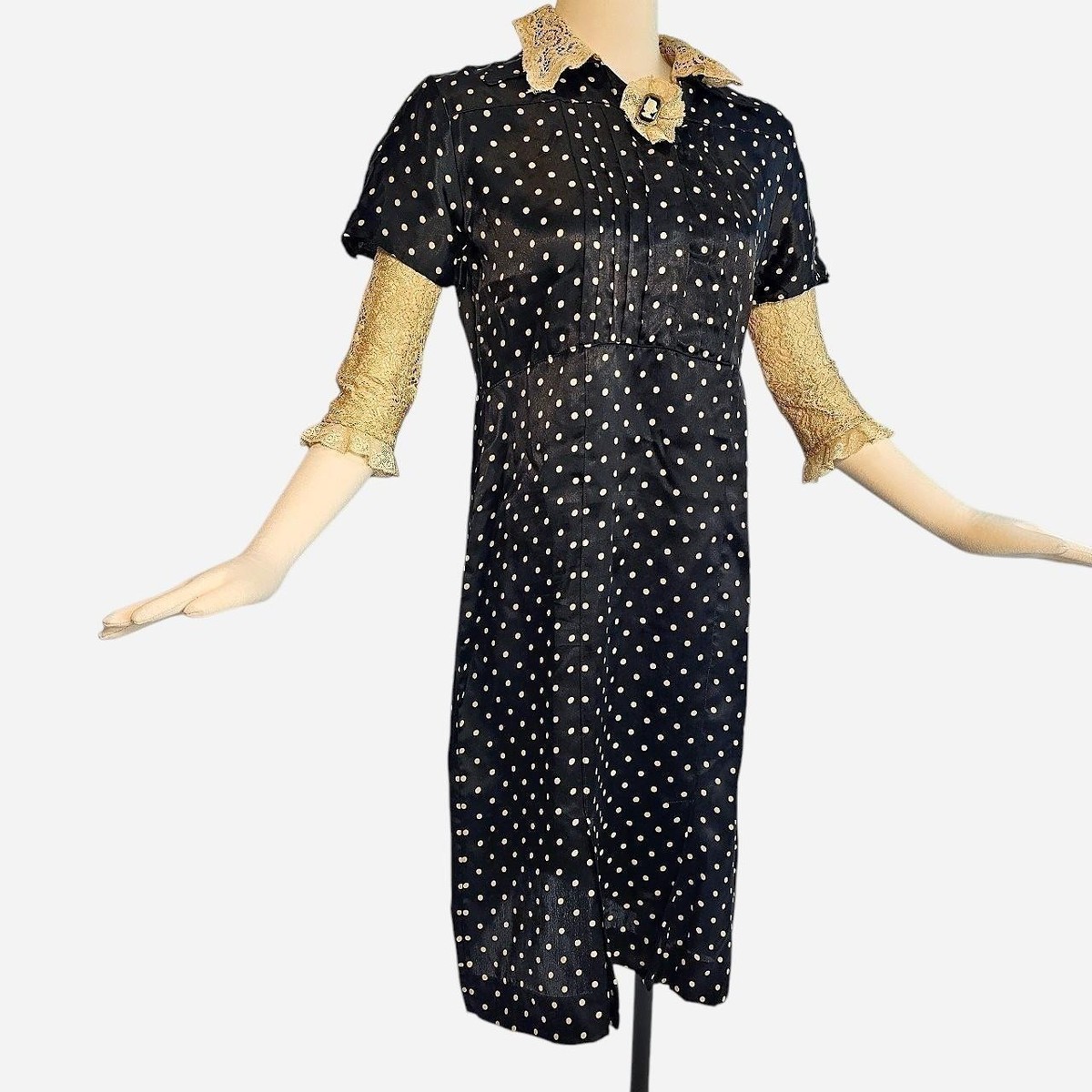 1920s Antique Black Polka Dot Dress Gown Vintage Lace Sleeve Collar Art  Deco | eBay