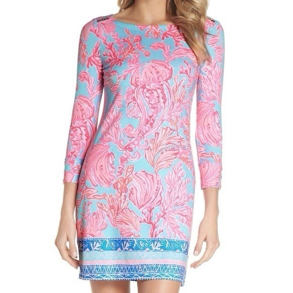 Lilly Pulitzer Pink Blue Floral Shift Dress Boat Neck Button Accent Stretch S