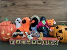 Halloween Decorations Lot of 9. Beanies. Wooden Blocks. Ceramic Pumpkins.