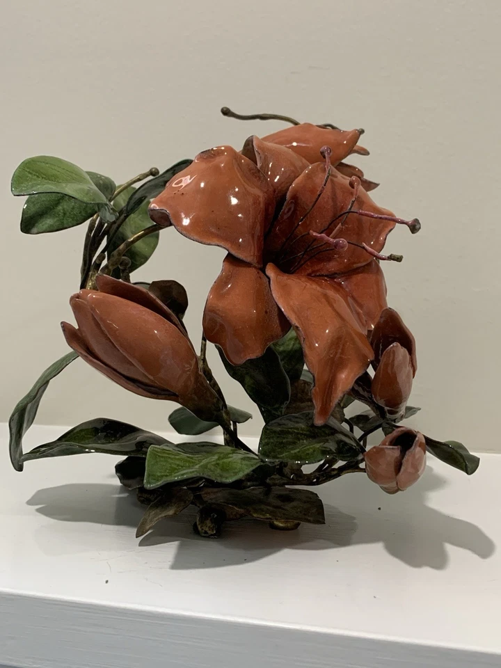 Large Vintage Brass Flowers Enamel Metal Floral Sculpture MCM 8” OOAK - Image 3 of 4