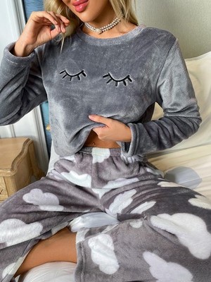 Damen Flanell Fleece Pyjama Set Teddy Wolkenmuster weich warm Winter Loungewear