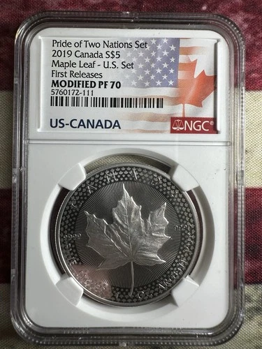 2019 CANADA SILVER MAPLE LEAF NGC PR PF 70 PRIDE OF TWO NATIONS  S$5 MODIFIED