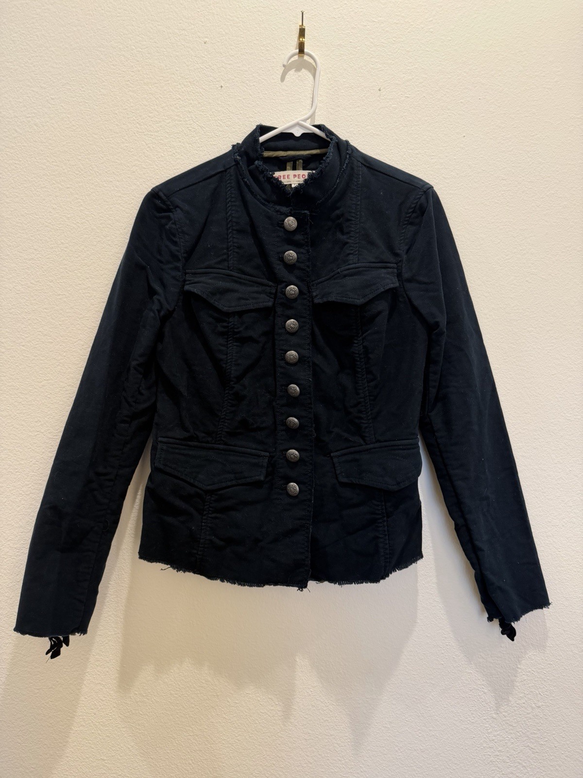 Free People Black Military Style Jacket Button Front Lace Up Sleeve Women’s S