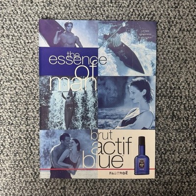 Vintage Brut Actif Blue Print Ad Faberge Cologne 1990s Scent Strip Insert Retro