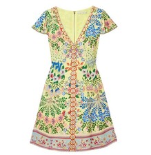 Alice + Olivia Hadley Floral Yellow Mini Fit & Flare Crepe Dress Sz 6 Tropical