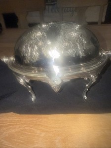 Antique English Heraldic Revolving Dome Silver Plate Food Server copper insert