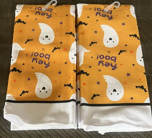 Set Of 3 Halloween Ghost Bats Kitchen/Bathroom Towels & Oven Mitt “HEY BOO” - Picture 3 of 3