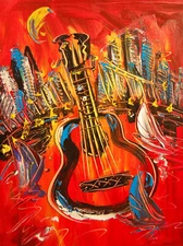 GUITAR  ORIGINAL PAINTING  IMPRESSIONIST     impasto wall decor CONTEMPORARY sar