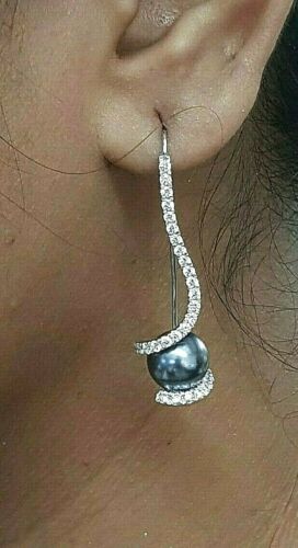14k Dangle Earrings 925 Sterling Silver Grey Pearl Round Swirl Design Jewellery - Picture 1 of 6