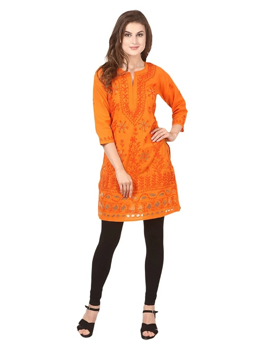 Women Orange Chikankari Cotton Handmade Straight kurtis eBay