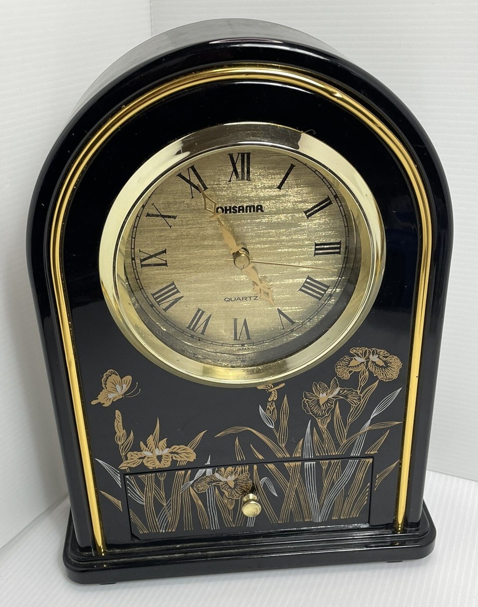 Yamanaka Mantel Clock w round top floral design goldtone trim w
