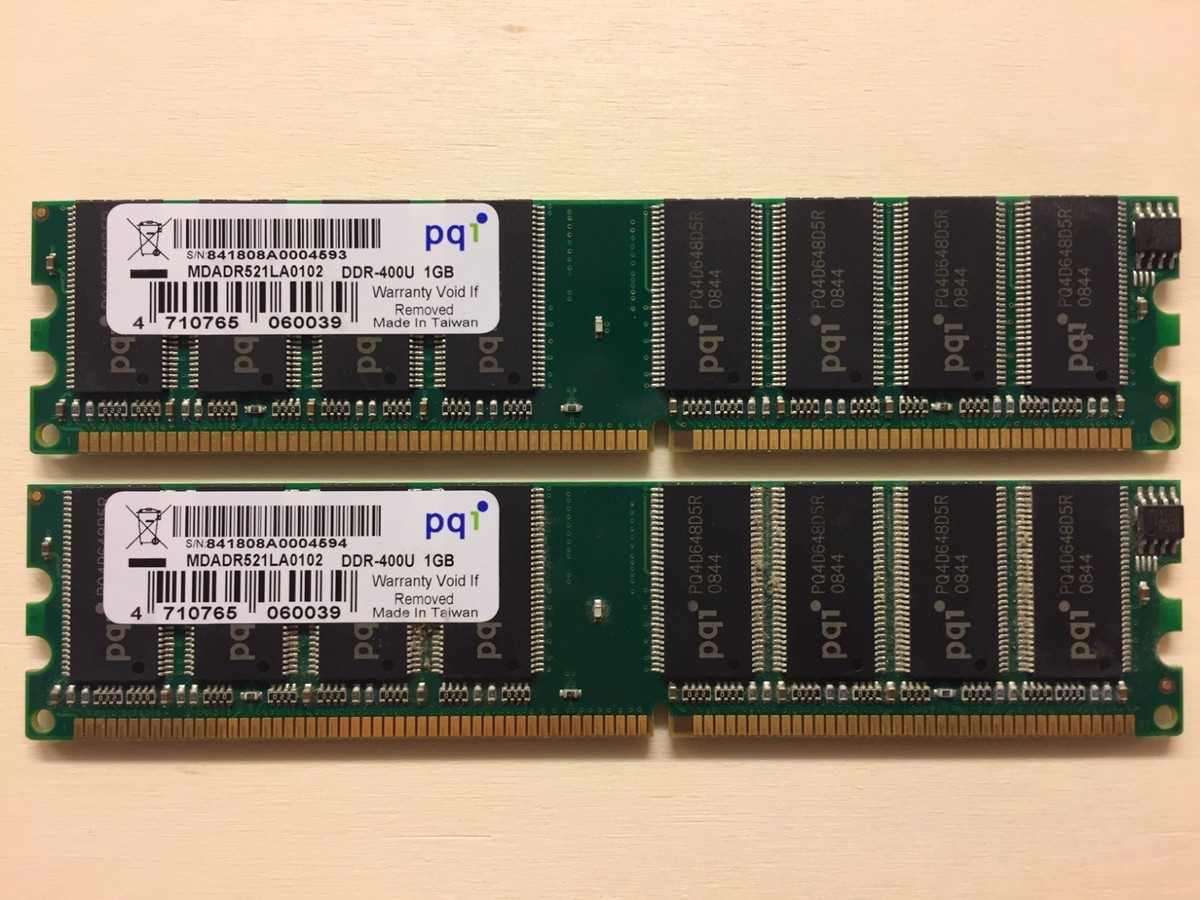 2x 1GB PQI MDADR521LA0102 DDR-400U PC3200 400MHz 184-Pin DDR1 Desktop RAM