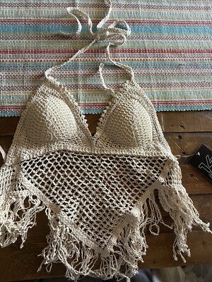 Fourteen Twelve Boho Hippy Sexy Fringe Halter Top NWT S Open Back Built In Bra