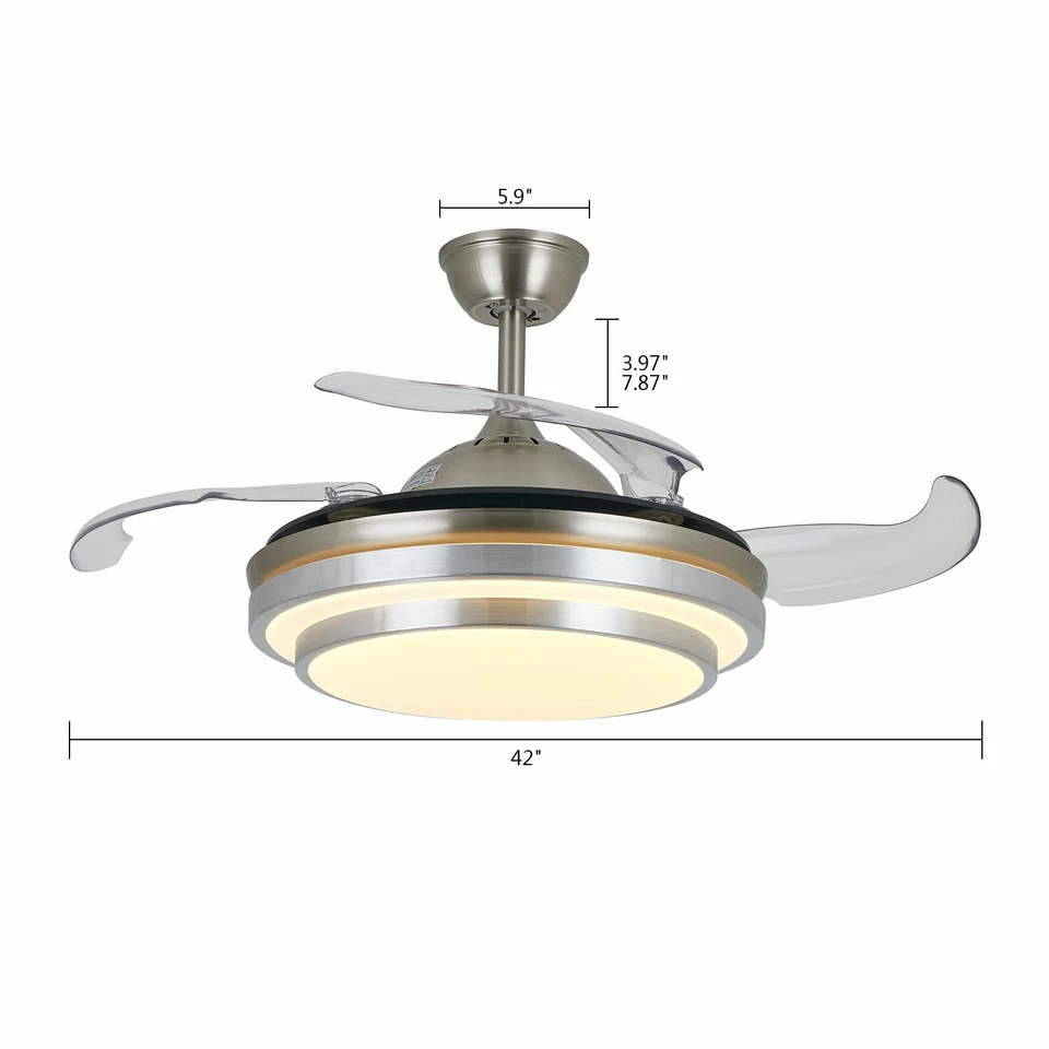 42" Retractable Ceiling Fan Lamp 3 Color LED Chandelier Light W/ Remote New - Image 2 of 4
