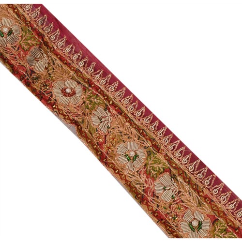 Sanskriti Vintage Dark Red Sari Border Hand Beaded 1 Yd Craft Trim Sewing Lace - Picture 3 of 8