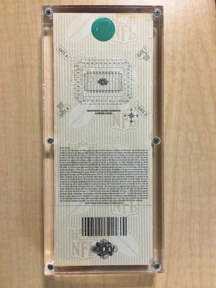 Réplica de boleto Super Bowl XXXV variación naranja duro Acíclico Cuervos vs Gigantes Foto 2 de 4