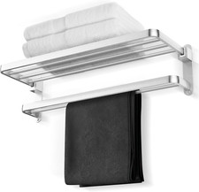 Brushed Satin Nickel 24-Inch Towel Rack with Two Bars and Shelf