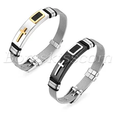 Mens' Womens' Couple Stainless Steel Cross Bangle Mesh Chain Bracelet Adjustable