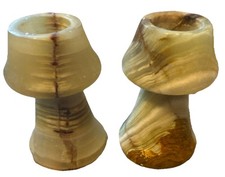 2 GREEN BANDED ONYX? CANDLE HOLDERS 3”  TALL, Beautiful
