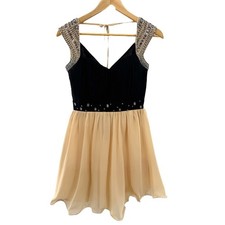 Little Mistress Black Beaded Cap Sleeve Skater Dress Peach Chiffon Skirt