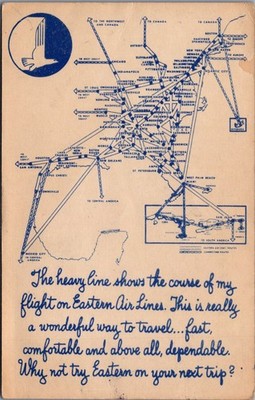 Vintage Eastern Air Lines Map Postcard - Great Silver Fleet Routes