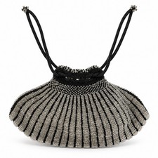 Vintage Black Silver HandBeaded Evening Bag Drawstring Fan Shell Purse Formal