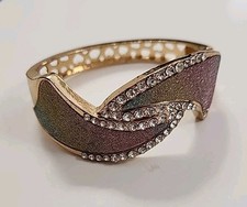 Gold Tone Bangle Bracelet Hinged w Rainbow Sparkle Finish Clear Rhinestones