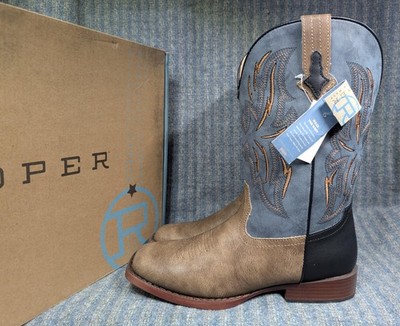 Roper Dalton Boots Big Kids Size 6 Tan Blue Western Faux Leather Square Toe New