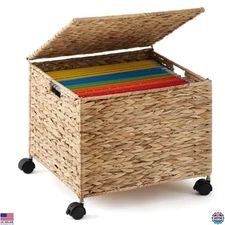Stylish Water Hyacinth Rolling File Box Organizer - Collapsible Letter/Legal