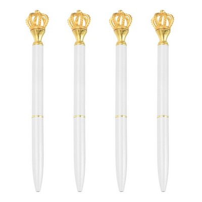 Crown Ballpoint Pen, 4 Pcs 1.0mm Black Ink Metal Pen with Crown Top, White/Gold