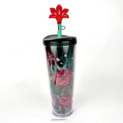 Starbucks Green Enchanted Forest Floral Tumbler Red Flower Topper Holiday 2022