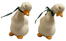 Ceramic Porcelain White Duck Goose Set 4.5" Green Ribbon Bow Lot 2 Vintage