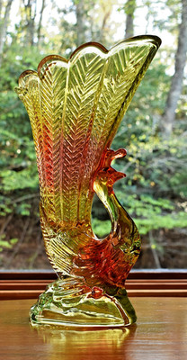 Bohemian Art Glass Heavy Cast Encased Bird of Paradise/Peacock Vase 4.5 lbs