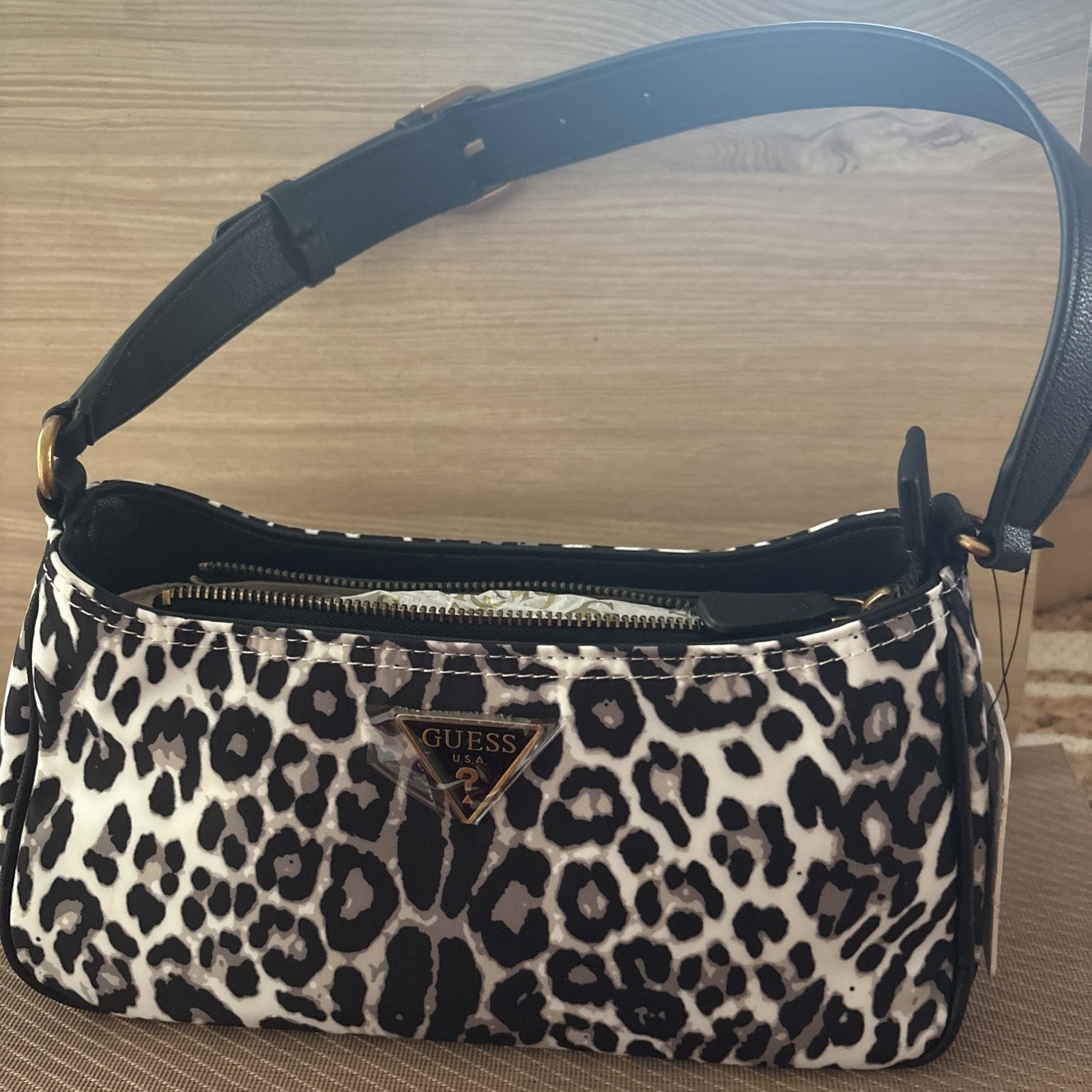Vintage Guess Little Bay Shoulder Bag Purse Black White Leopard Animal Print NWT