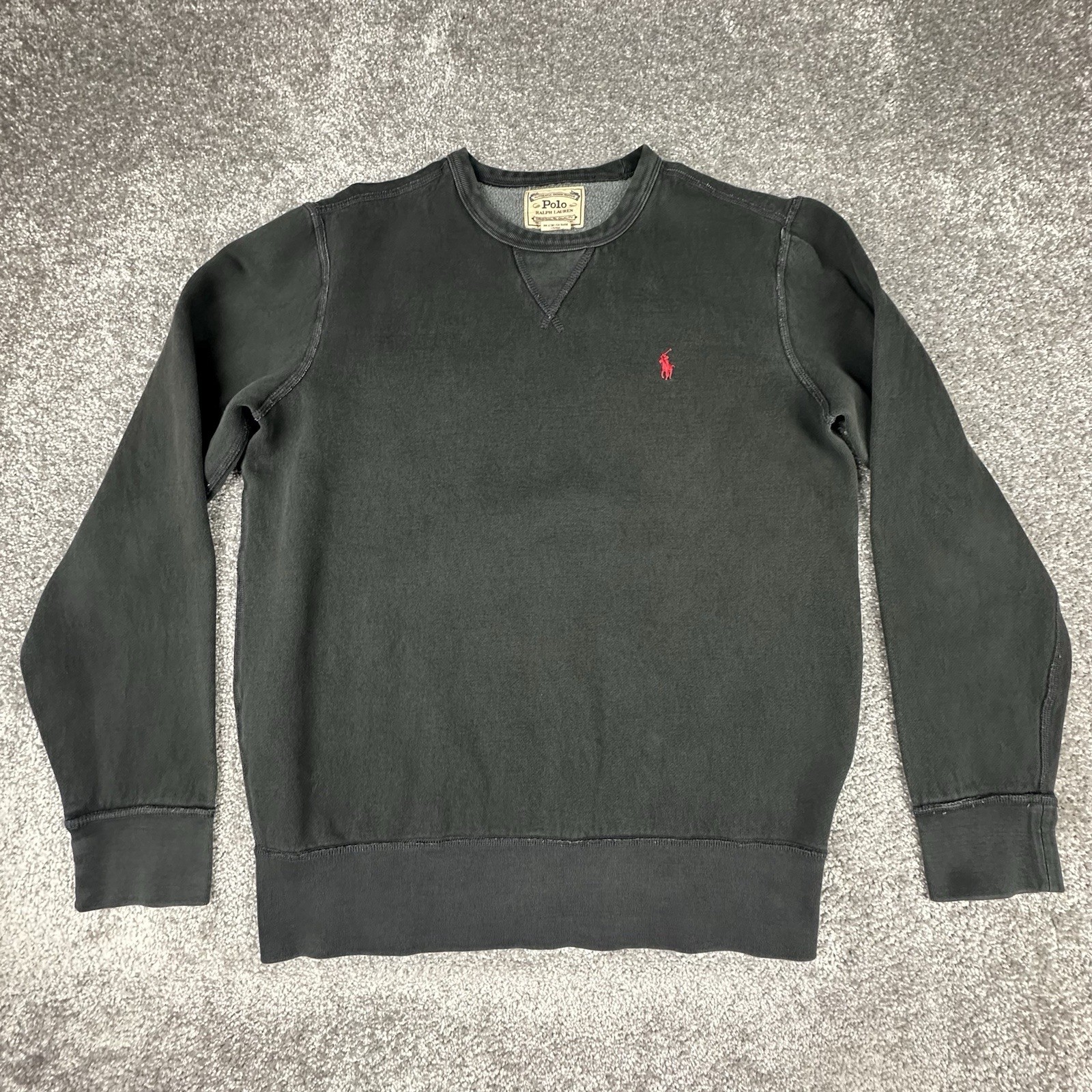 Vintage Polo Ralph Lauren felpa pile uomo media sbiadita nero rosso pony Y2K