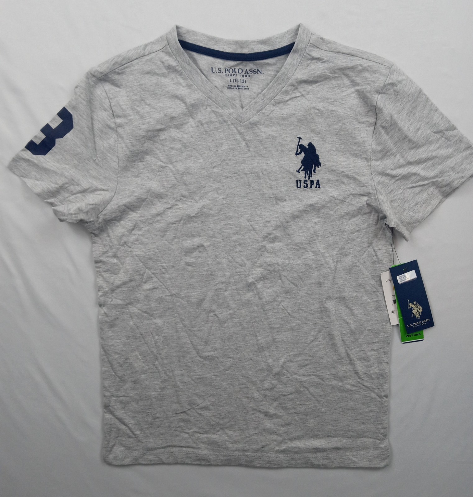 Nuova maglietta US Polo Youth grigia scollo a V taglia Large #3 manica corta grande pony USPA