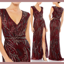 NWT Mac Duggal [ 16 ] 5227 Intricate Beaded V-Neck High Slit Gown Burgundy S817