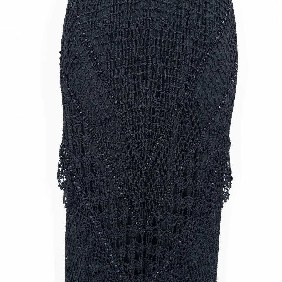 VTG Whimsigoth Black Crochet Beaded Maxi Dress M Goth Formal Tight Dark Romantic - Image 4 of 4