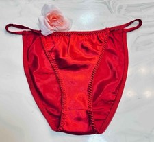 Vintage SECOND SKIN SATIN GLOSSY WET LOOK STRING RED BIKINI PANTY Size XL