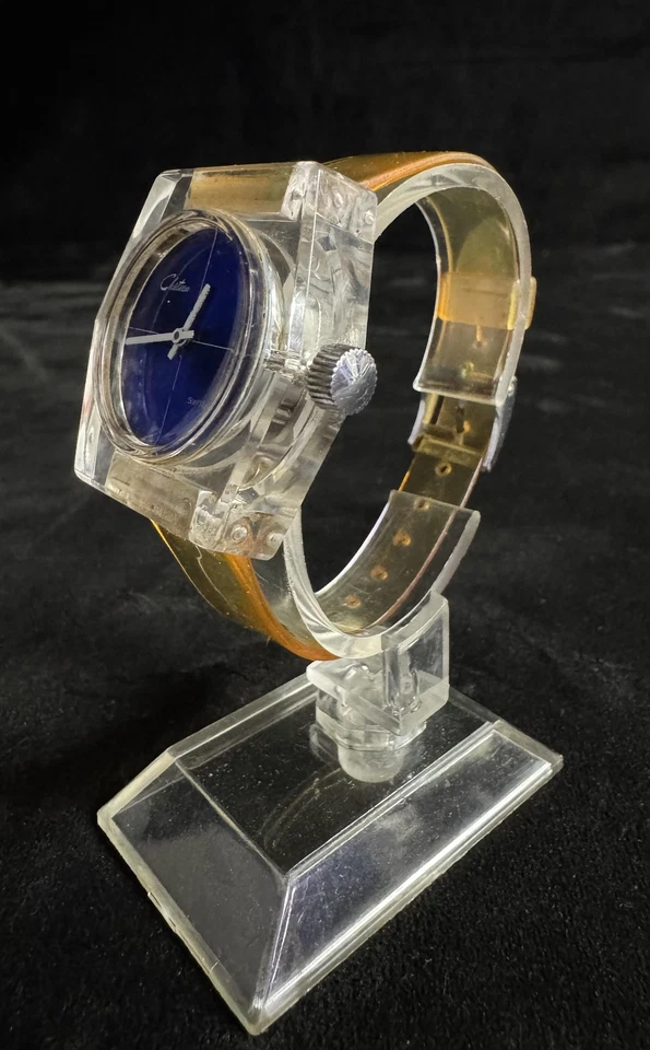Vintage Chateau Swiss Acrylic Case Watch Blue Dial Clear Band Unisex Retro 1970s - image 3 of 4