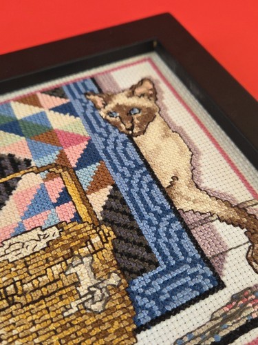 Needlepoint Cross Stitch Herrschners Nantucket Cat Framed Easel Back 7.5"Sq 1993 - Picture 10 of 11